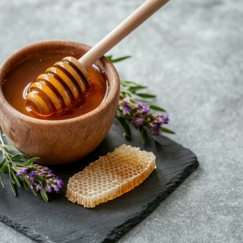 Honey in wooden bowl with honeycomb and flowers photo