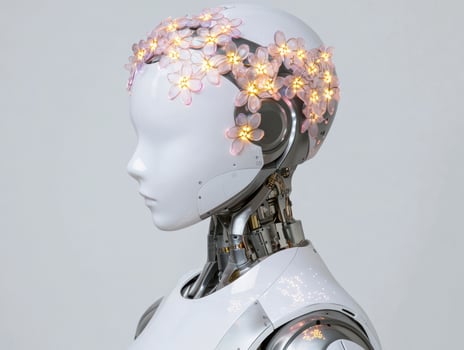Robotic head with floral headpiece photo