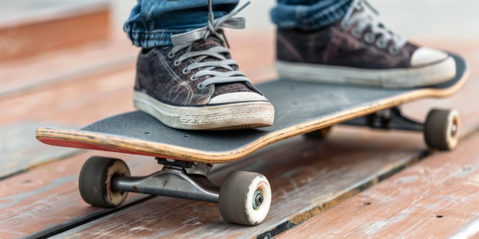 Close up of a skateboarder's feet on a skateboard, showcasing casual sneakers and wooden deck details. photo