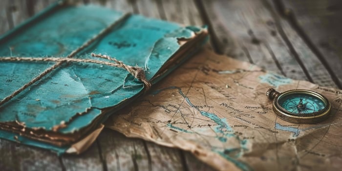 A weathered surface displays an old map, journal, and vintage compass, invoking feelings of adventure and nostalgia photo