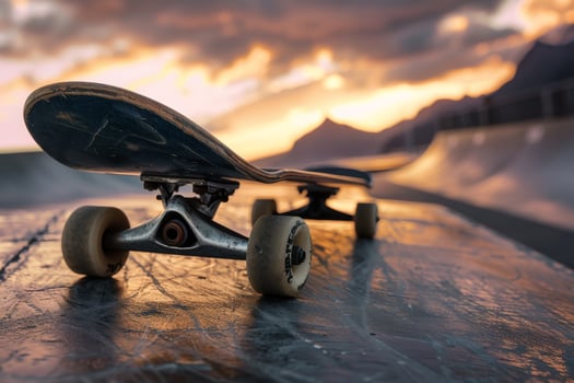 A closeup of a skateboard in a skatepark at sunset, embodies thrill and adventure in youth culture photo
