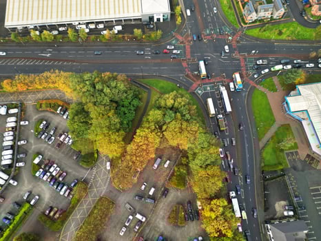 Aerial View of Manchester City During Autumn Season and Cloudy Day over England Great Britain. High Angle Drone's Camera Footage was Captured on October 29th, 2024 photo