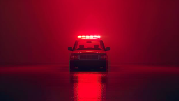 A red ambulance is shown in the dark photo