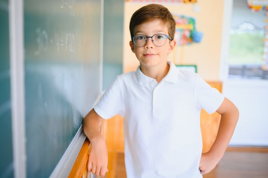 Funny schoolboy near the green school board in the classroom. Elementary school. Back to school photo