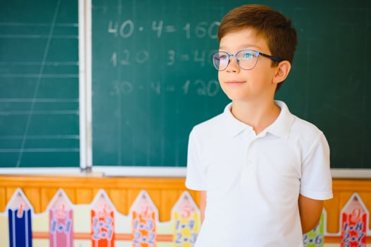 Funny schoolboy near the green school board in the classroom. Elementary school. Back to school photo