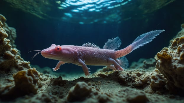 A pink fish swimming underwater among rocks in a serene aquatic environment. photo