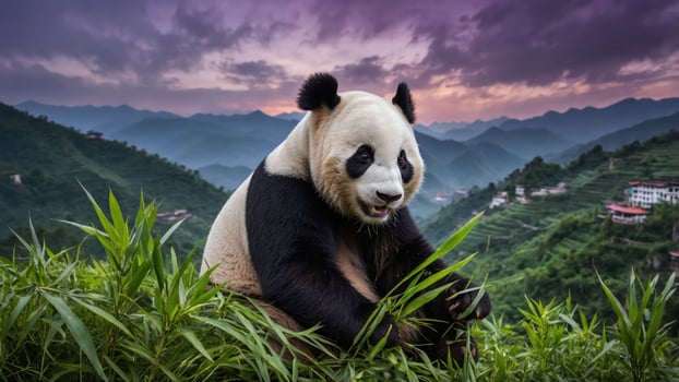 A panda sitting on grass, enjoying bamboo against a scenic mountain backdrop at sunset. photo