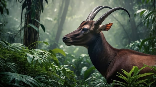 A majestic animal stands amidst lush greenery in a dense forest. photo