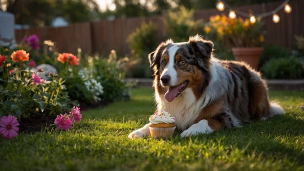 A dog enjoys a cupcake in a garden during a warm evening. photo
