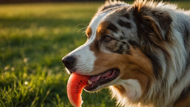 A dog enjoying a slice of watermelon in a grassy field during sunset. photo