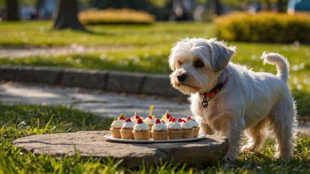 A small dog curiously approaches a plate of cupcakes in a sunny park setting. photo