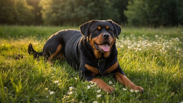 A Rottweiler lying on grass surrounded by flowers in a serene outdoor setting. photo