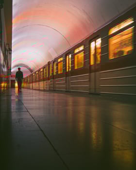georgian passengers stand on platform on Rustaveli underground metro station enter metro transport. Tbilisi capital transportation concept photo