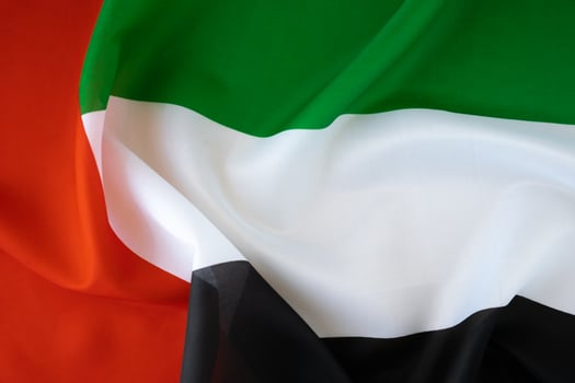 National symbol of UAE. United Arab Emirates flag background. Copy space for your text. Concept of National day Independence photo