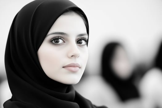 A young female student with a hijab listens intently during a university lecture in soft natural light photo