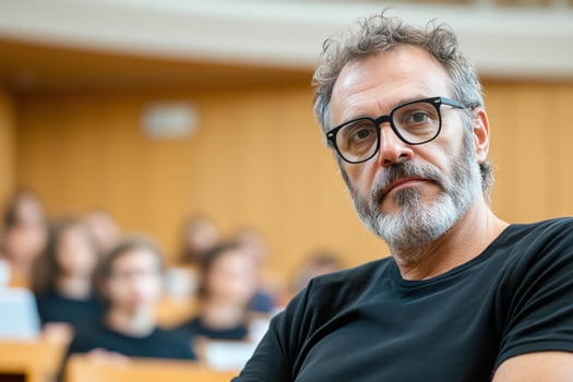 Professor explaining concepts to attentive students in a modern lecture hall filled with natural light photo