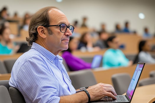 Professor with glasses engaging students in a bright, minimalistic lecture hall during daytime photo