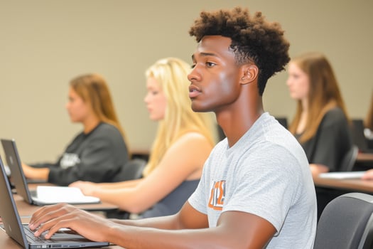 Students engaging with laptops in a minimalistic classroom during a lecture session photo