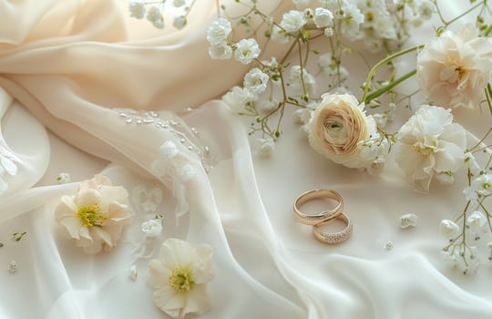 Gold Wedding Bands Surrounded by White Babys Breath Flowers and Lace photo