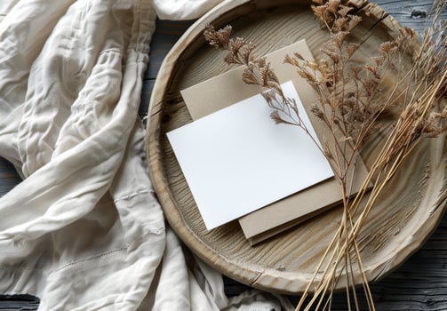 Blank White Card on Rustic Wooden Plate With Dried Grass on Cream Fabric photo