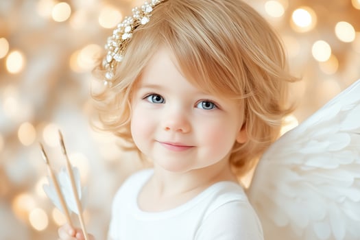 A cheerful young cupid smiles while holding a bow and arrow in a floral background photo