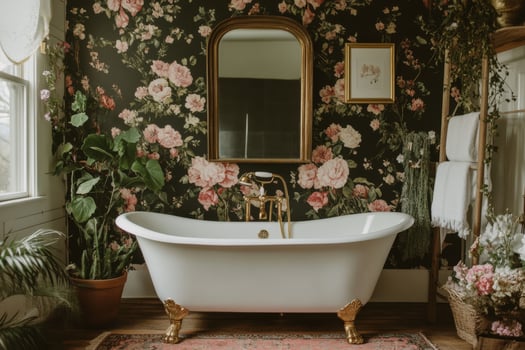 Large white bathtub with a floral wallpaper and a mirror above it photo