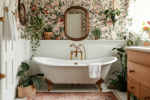 Bathroom with a white bathtub and a floral wallpaper photo