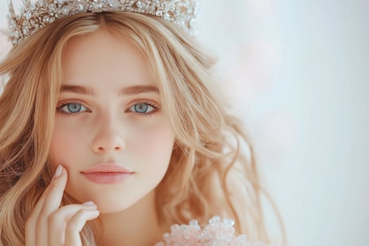Elegant woman with golden hair and sparkling crown exudes beauty and sophistication in minimalist light setting photo