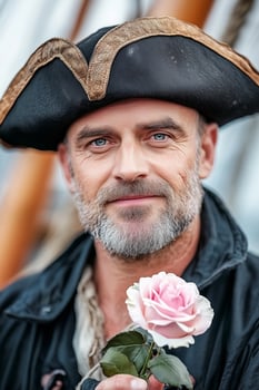 Male pirate seated on a ships deck holding a delicate rose with a calm expression in a josei style close-up photo