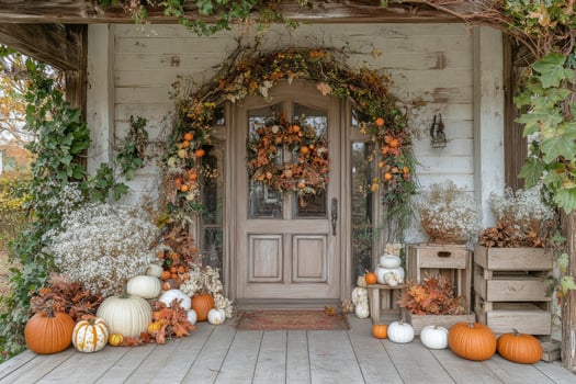 Autumn decorations at a charming home entrance featuring pumpkins and a floral wreath photo