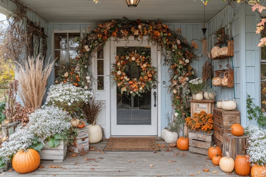Autumn decorations at a charming home entrance featuring pumpkins and a floral wreath photo