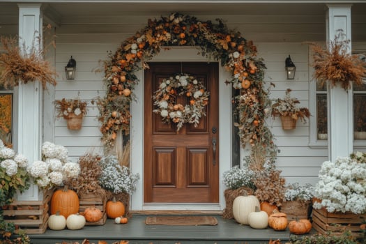 Autumn decorations at a charming home entrance featuring pumpkins and a floral wreath photo