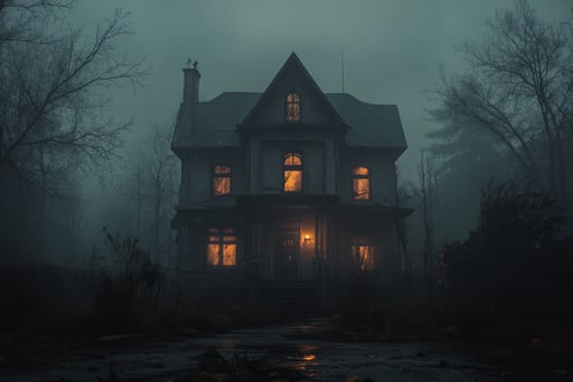 A haunted house surrounded by flames at night with eerie glowing windows in a dark environment photo