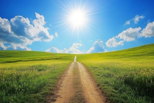 A winding dirt road through lush green fields under a bright sunrise in rural landscape photo