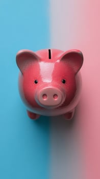 A cute pink piggy bank stands on a vibrant blue and pink background during daytime photo