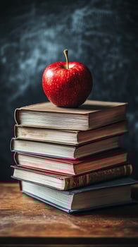 A fresh red apple placed atop a stack of vintage books on a wooden table in a cozy setting photo