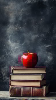 A fresh red apple placed atop a stack of vintage books on a wooden table in a cozy setting photo