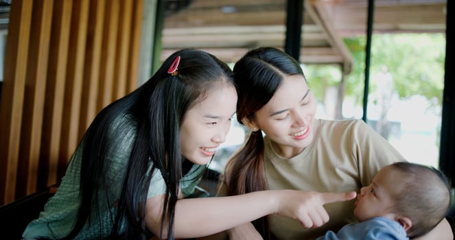 Portrait of Two women share a joyful moment in a coffee shop, smiling as they engage with a baby boy sitting on one woman's lap. Family enjoying time together. photo