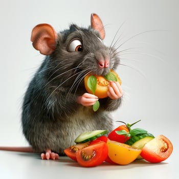 An animated cartoon of a cute rat holding an orange slice and enjoying fruit. photo