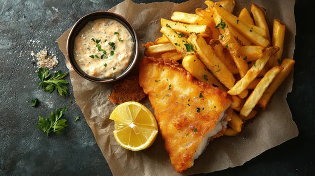 a plate of fish and fries with a side of dipping sauce photo