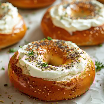 a bagel covered in cream cheese and sprinkles photo