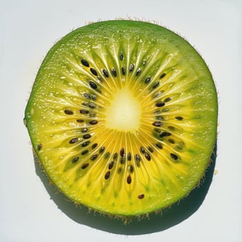 a kiwi cut in half on a white surface photo