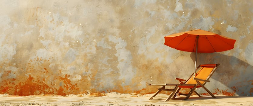 A wood chair and red umbrella sit against a wall in a natural landscape photo