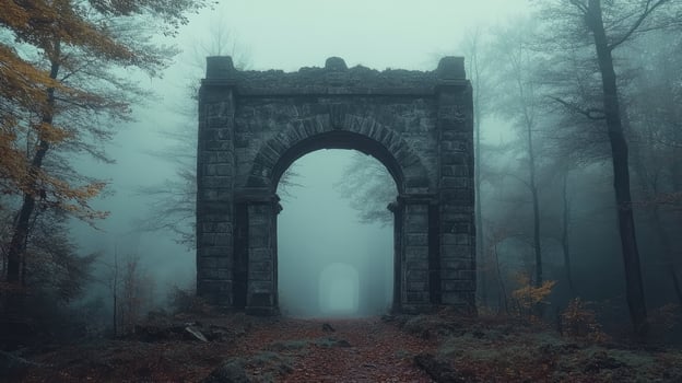Old stone archway standing in a foggy forest photo