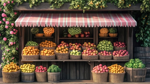Wooden fruit stand displaying fresh produce in baskets and barrels photo
