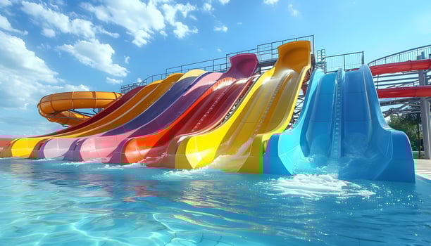 Fun water park with colorful slides, pool and leisure recreation under the sky photo