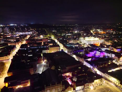 Illuminated Central Bedford City of England United Kingdom During Night. April 5th, 2024, High Angle Footage Was Captured after Sunset and Beginning of Night with Drone's Camera photo