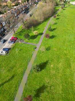 Aerial View of Residential District at Birmingham City of Midlands, England, United Kingdom. Drone Camera Footage was Captured from High Altitude During Sunset Time of March 30th, 2024. photo