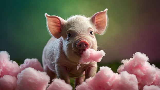A cute piglet playfully munching on fluffy pink cotton candy. photo