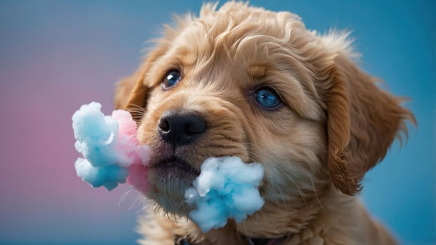 A cute puppy playfully chewing on colorful cotton candy. photo